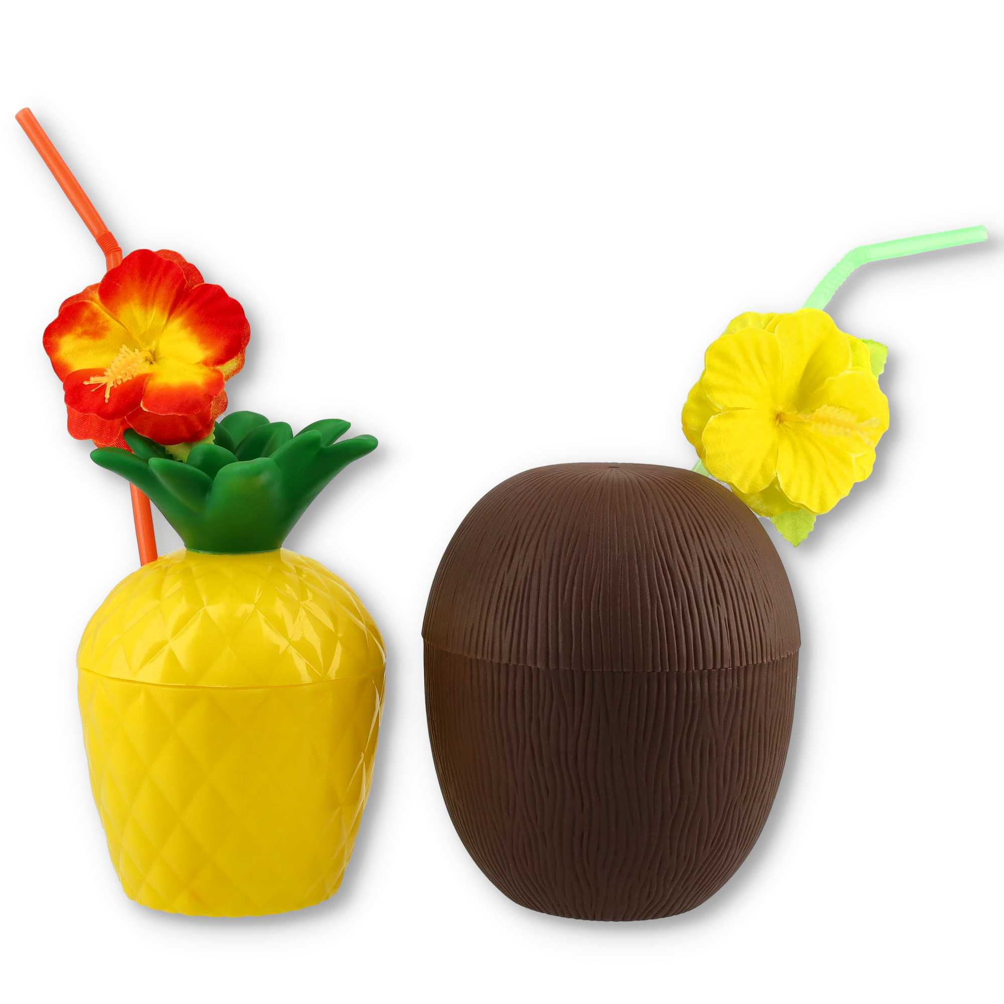(6er Set) Mehrweg Cocktail Trinkbecher Sommer Party Hawaii Deko Getränke Becher mit Strohhalm - Kokosnuss / Ananas