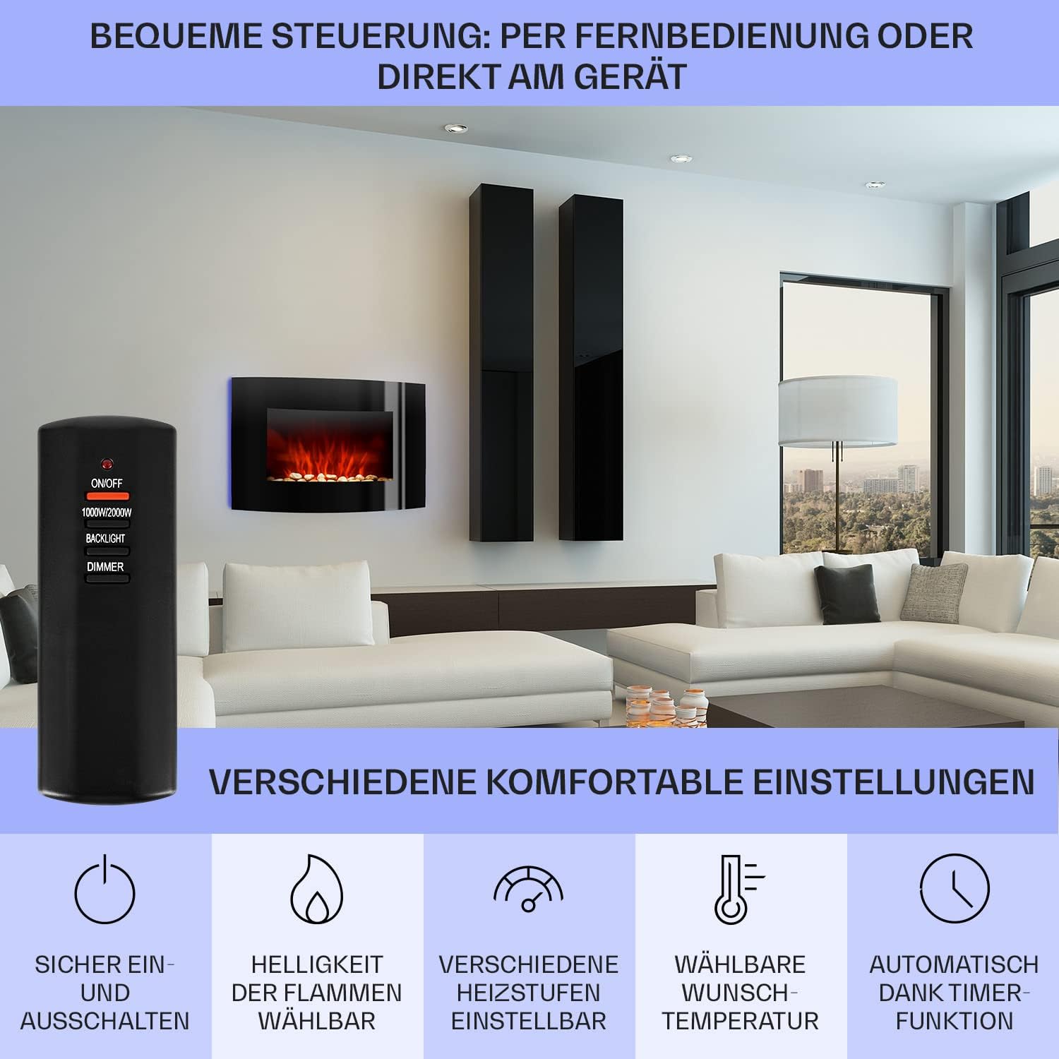 Klarstein Lausanne Elektrokamin - Kamin elektrisch, Elektro Kamin mit Flammensimulation, LED, geräuscharm, Dimm-Funktion, Fernbedienung, Wandmontage, 1000/2000 W Leistung, horizontal, schwarz