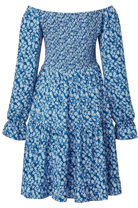 Midikleid, gesmokt, Blumenmuster, Carmenausschnitt, Langarm