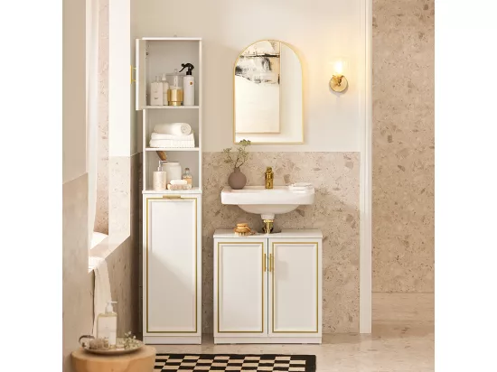 SoBuy Meuble Colonne de Salle de Bain Armoire Haute Étagère étroite de Salle de Bain Meuble de Rangement avec 2 Portes, 2 Compartiments Ouverts et 1 Panier à Linge 33x32x171 cm, BZR87-W