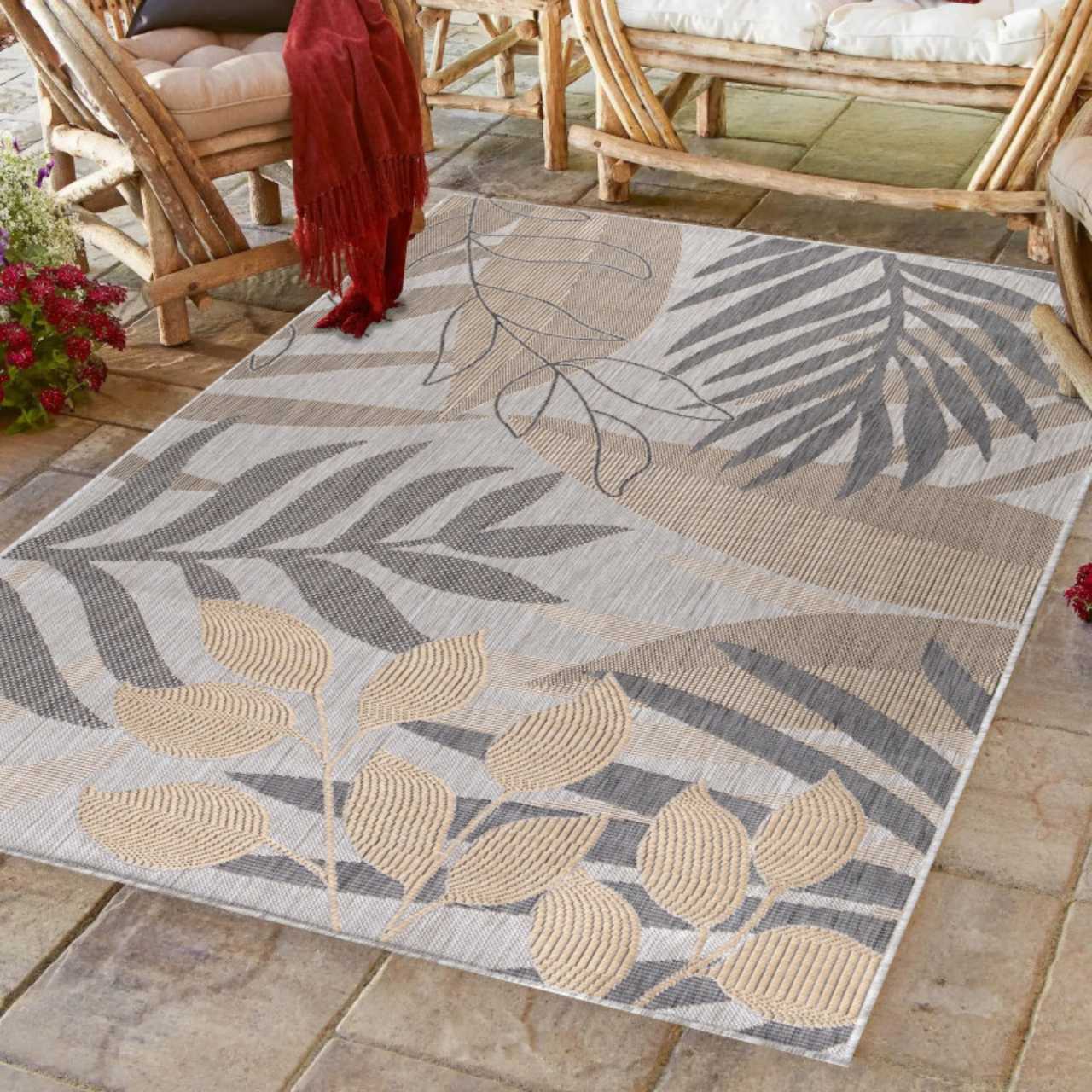 In Outdoor Teppich Beige, Vintage Design, Flachgewebe, Wetterfest