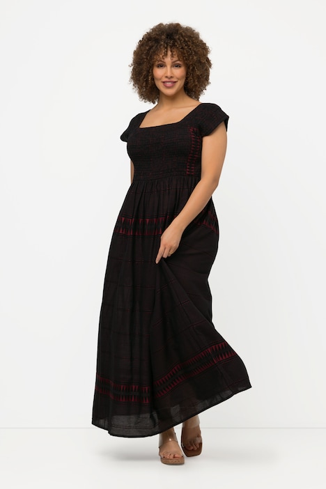 Smok-Maxikleid, Streifen, A-Linie, Carree-Ausschnitt