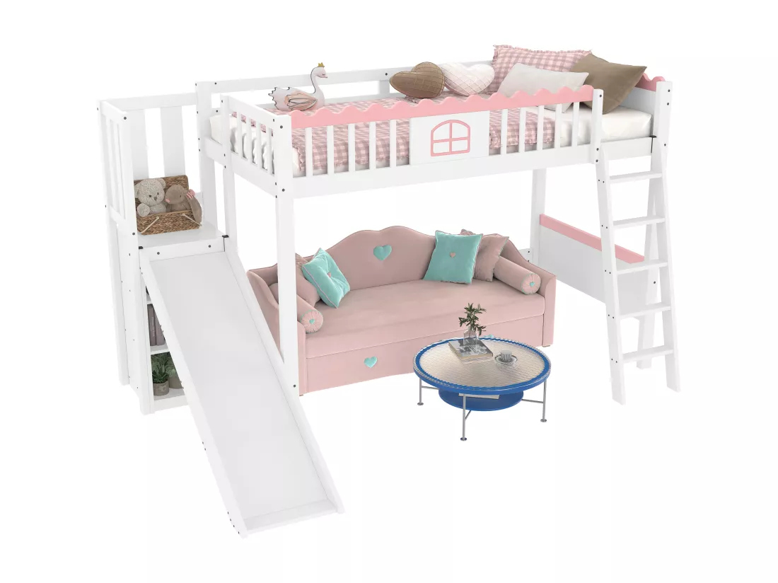 Lit mezzanine enfant 90x200 cm - avec éclairage LED - avec étagères - avec toboggan - Bois massif - Blanc (sans matelas)
