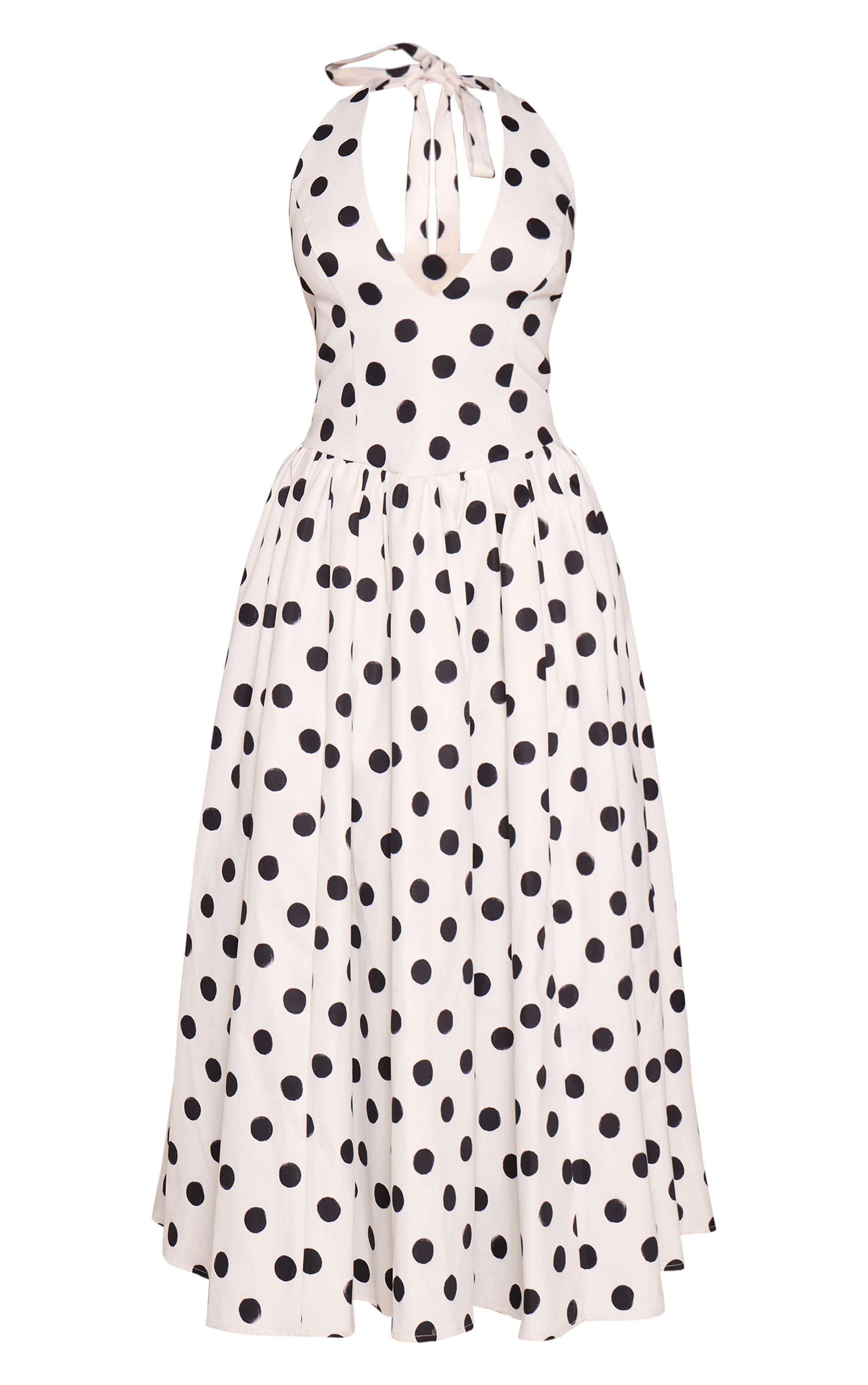 Monochrome Robe Midaxi À Pois Froncée Avec Col Licou Et Détail Noué