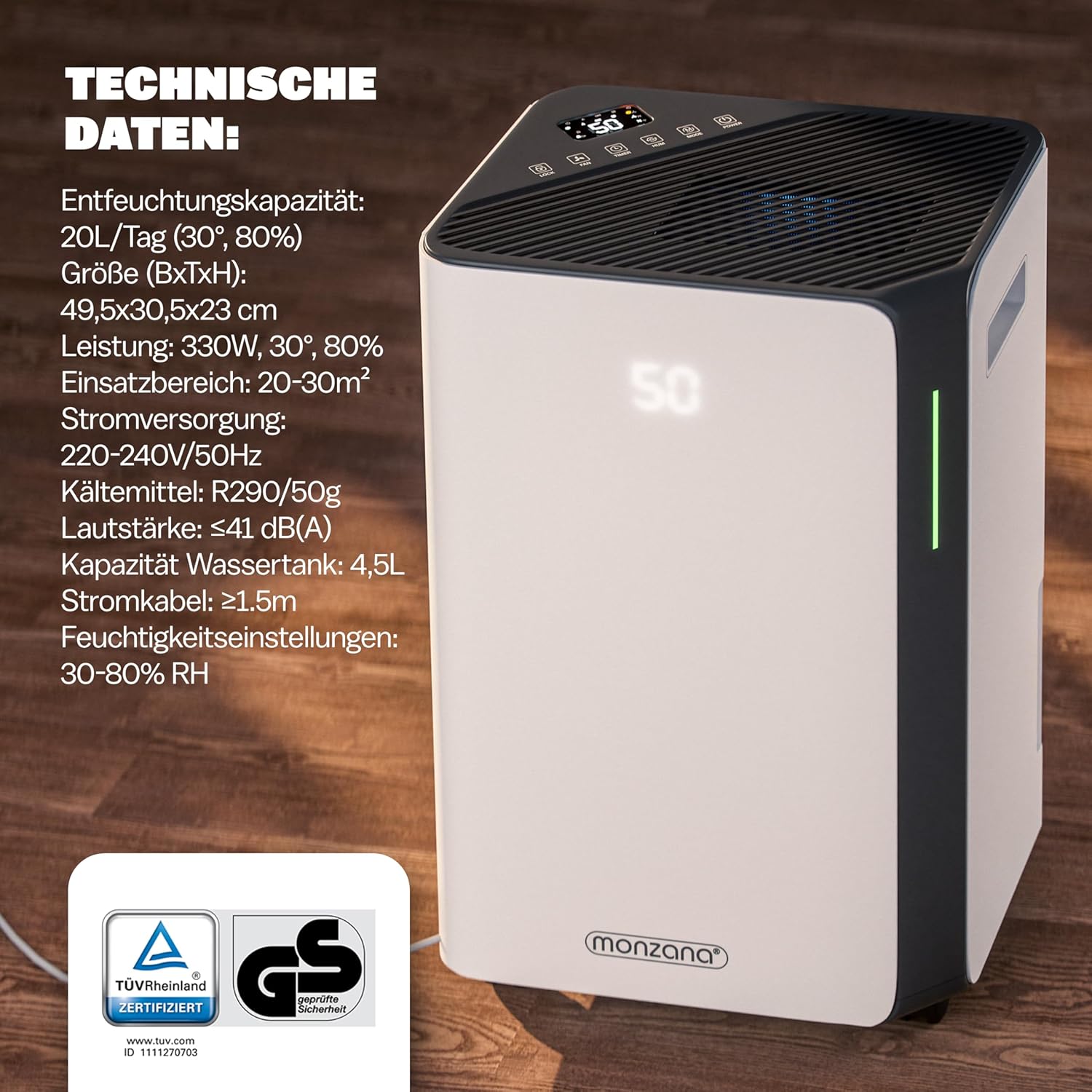 MONZANA® Luftentfeuchter elektrisch 20-30m² 20L/Tag LED-Display 24-Std-Timer Raumentfeuchter Bad Wohnung Wifi Smart Home App Luftreiniger Allergiker