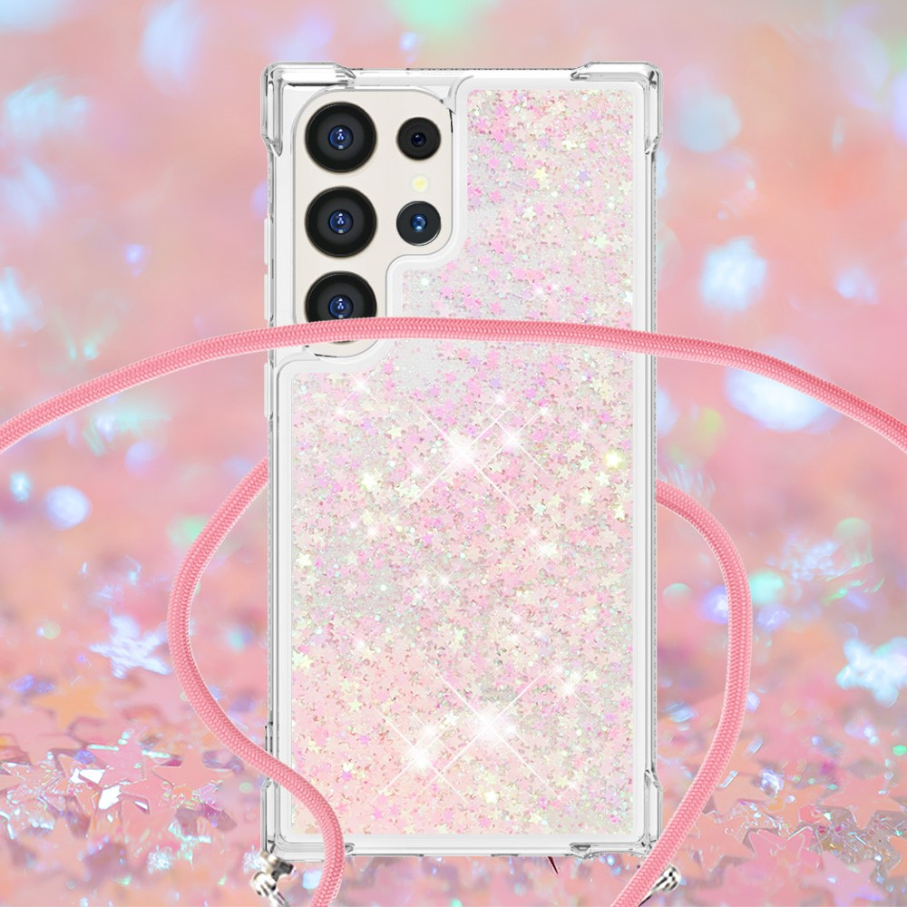 Samsung Galaxy S24 Ultra Necklace Gummi Hülle Liquid Glitzer   Handykette (130cm) - Rosa