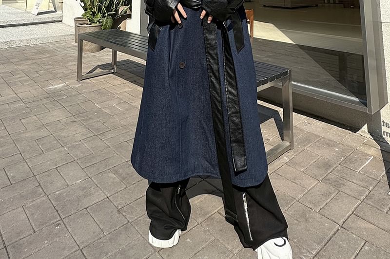 Adotuastic - Midi-jas van imitatieleer met kraag en dubbele rij knopen en riem van denim