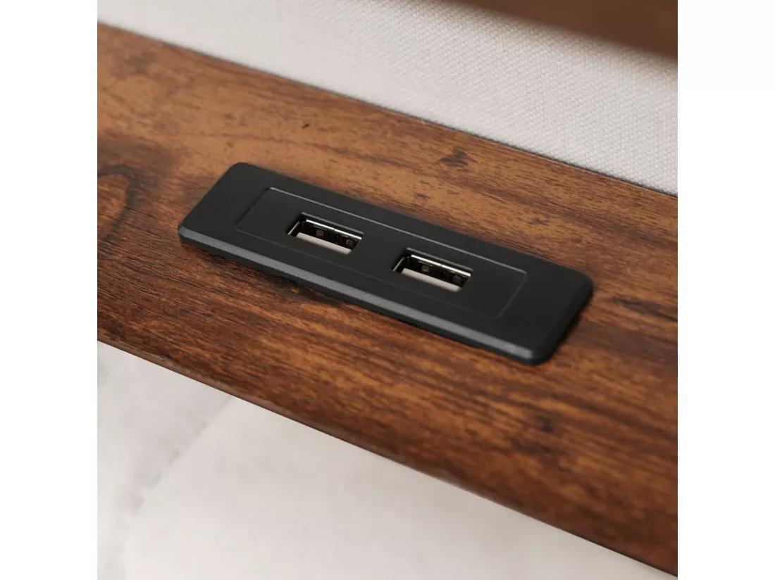 Lit coffre en lin 90x200cm avec LED et ports USB - sommier à lattes - beige