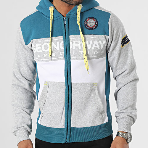 Sweat Zippé Capuche Gris Chiné Bleu Pétrole