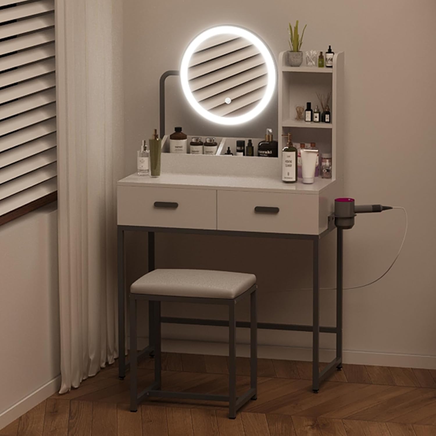 Fullwatt Schminktisch mit LED-Beleuchtung, Schminktisch mit Spiegel und Hocker, 3 Farben, Einstellbarer Helligkeit, Frisiertisch mit 2 Schubladen und 5 Offene Ablagen, Haartrocknerhalter, Modern, Weiß