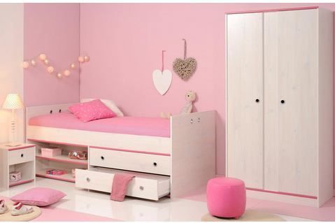 3-delige Kinderkamer-set - Wit - Imitatiegrenen - Inclusief Bed, Nachtkastje, Kledingkast