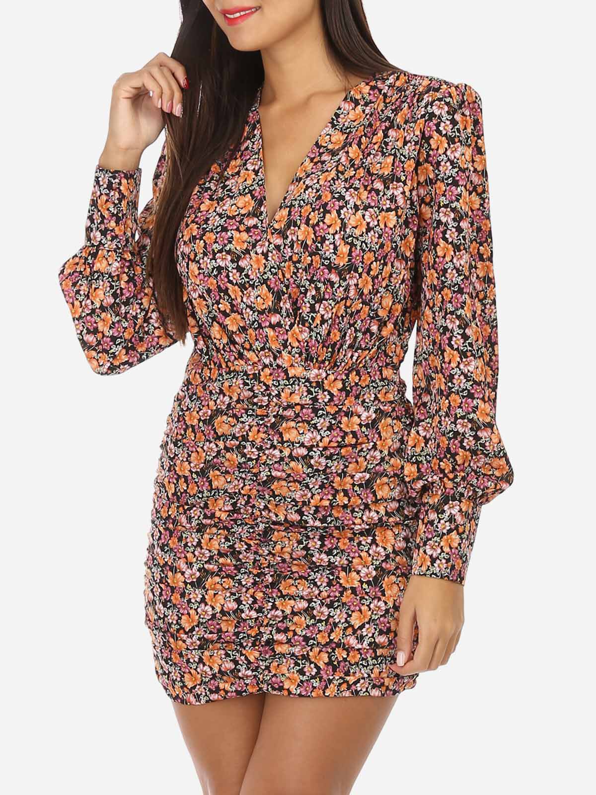 Robe motif fleuri à épaulettes et col V- Noir