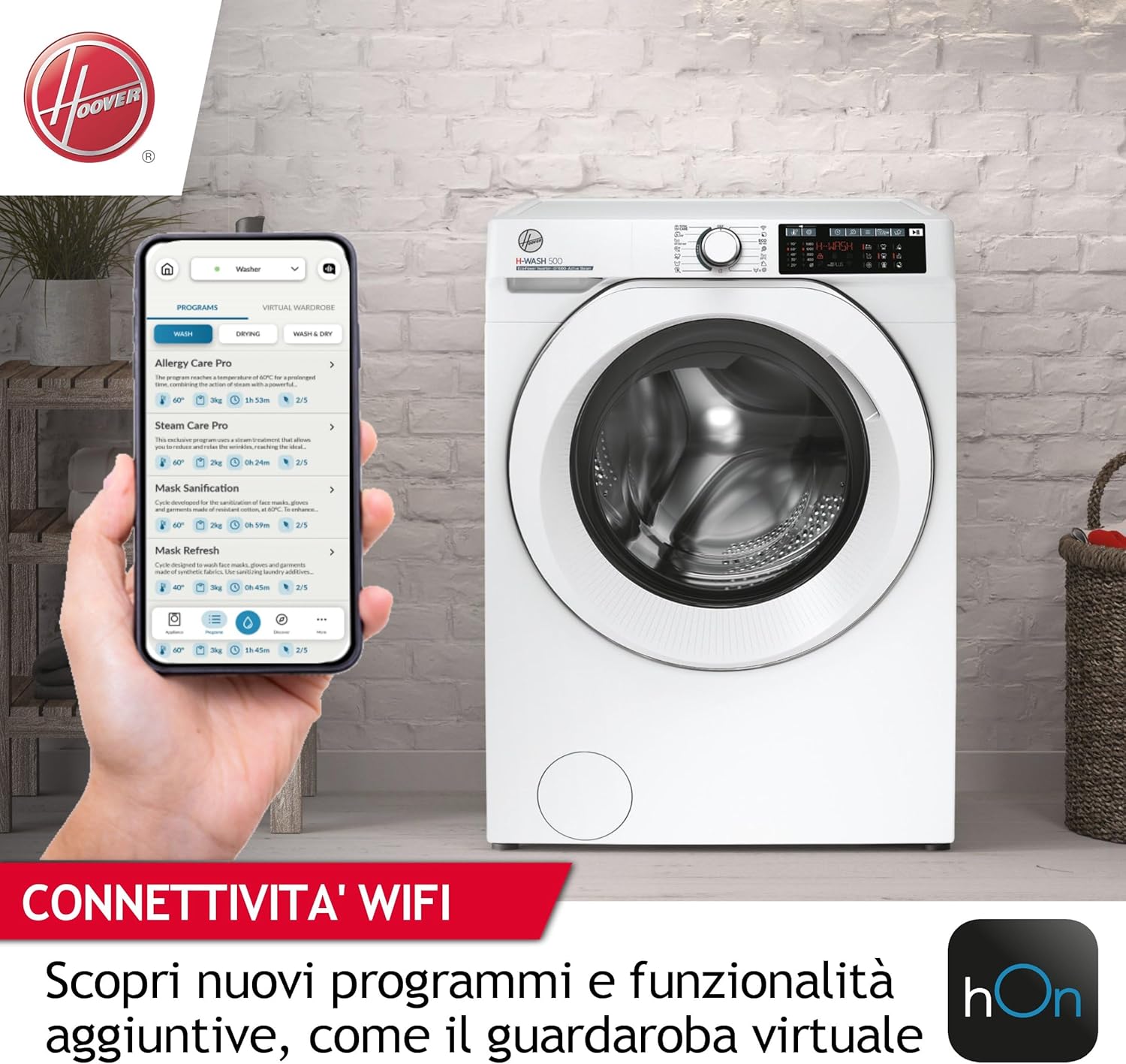 Hoover HW4 27AMC7/1-S Waschmaschine Frontlader, 7 kg, 1200 U/min, Smarte Bedienung mit Wi-Fi und Bluetooth, Active Steam - Dampffunktion, 16 Programme, Weiß