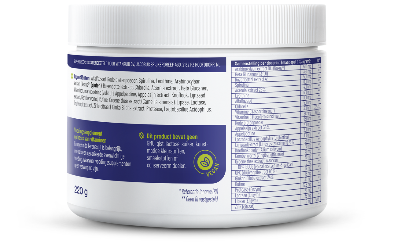 Vitakruid Super Greens 25 Nutrienten Oa Probiotica & Enzymen (220 gr)