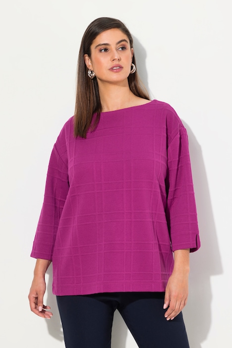 Sweatshirt, Strukturkaro, U-Boot-Ausschnitt, 3/4-Arm
