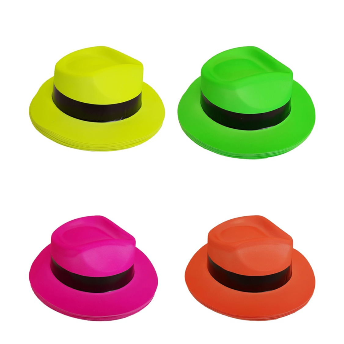 (12er Set) PVC Fedora Hut Fasnachts Kostüm Zubehör Neon Motto Party Accessoire Halloween Foto Requisite - Assortiert