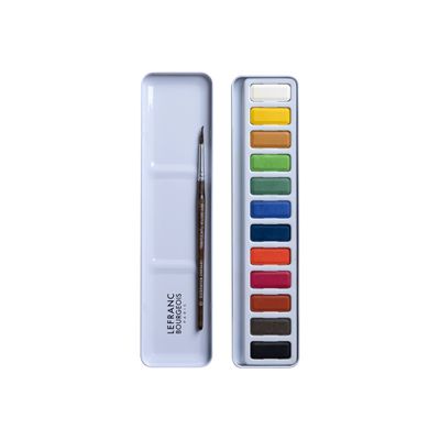 Lefranc Bourgeois Studio - Boîte métal 12 tablettes aquarelle avec pinceau - couleurs assorties