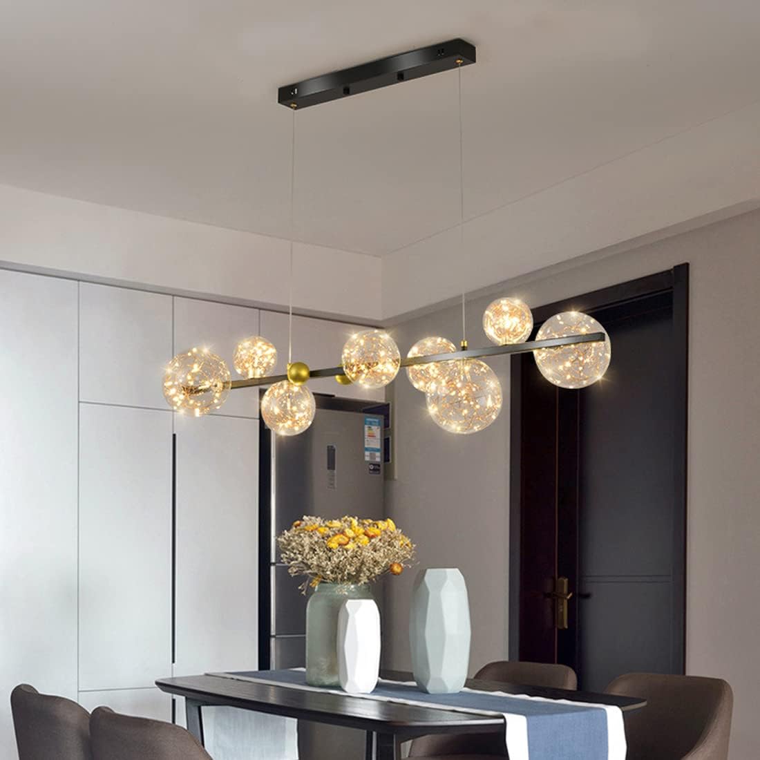 LED-Kronleuchter Linie und kreativemmagischem Bohnenhimmel voller Stern. Höhenverstellbarer PendellampeeinfacherLED Pendelleuchtefür Esstische und Restaurants Lampen und Laternen (schwarz)
