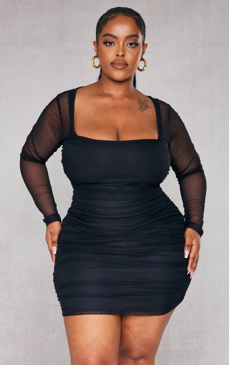 Noir Robe Moulante Grande Taille À Encolure Carrée En Résille Froncée