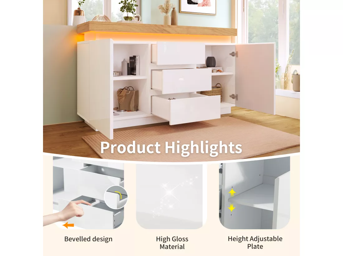 Commode avec LED - 3 tiroirs et 2 portes avec étagères réglables - Blanc