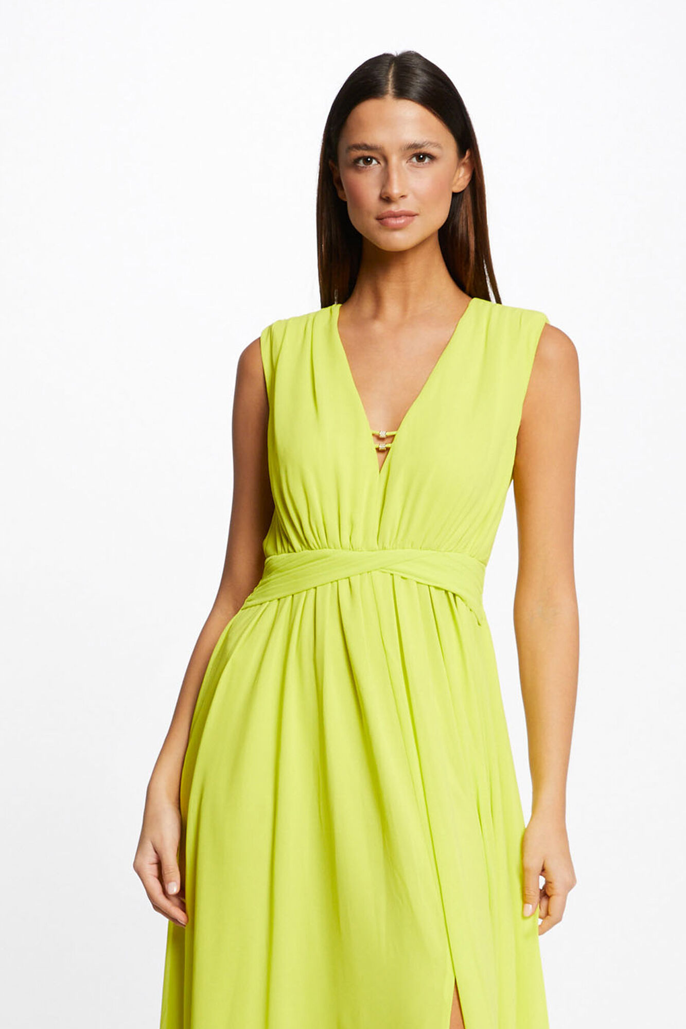 Vestido longo com boca de sino e abertura - Amarelo
