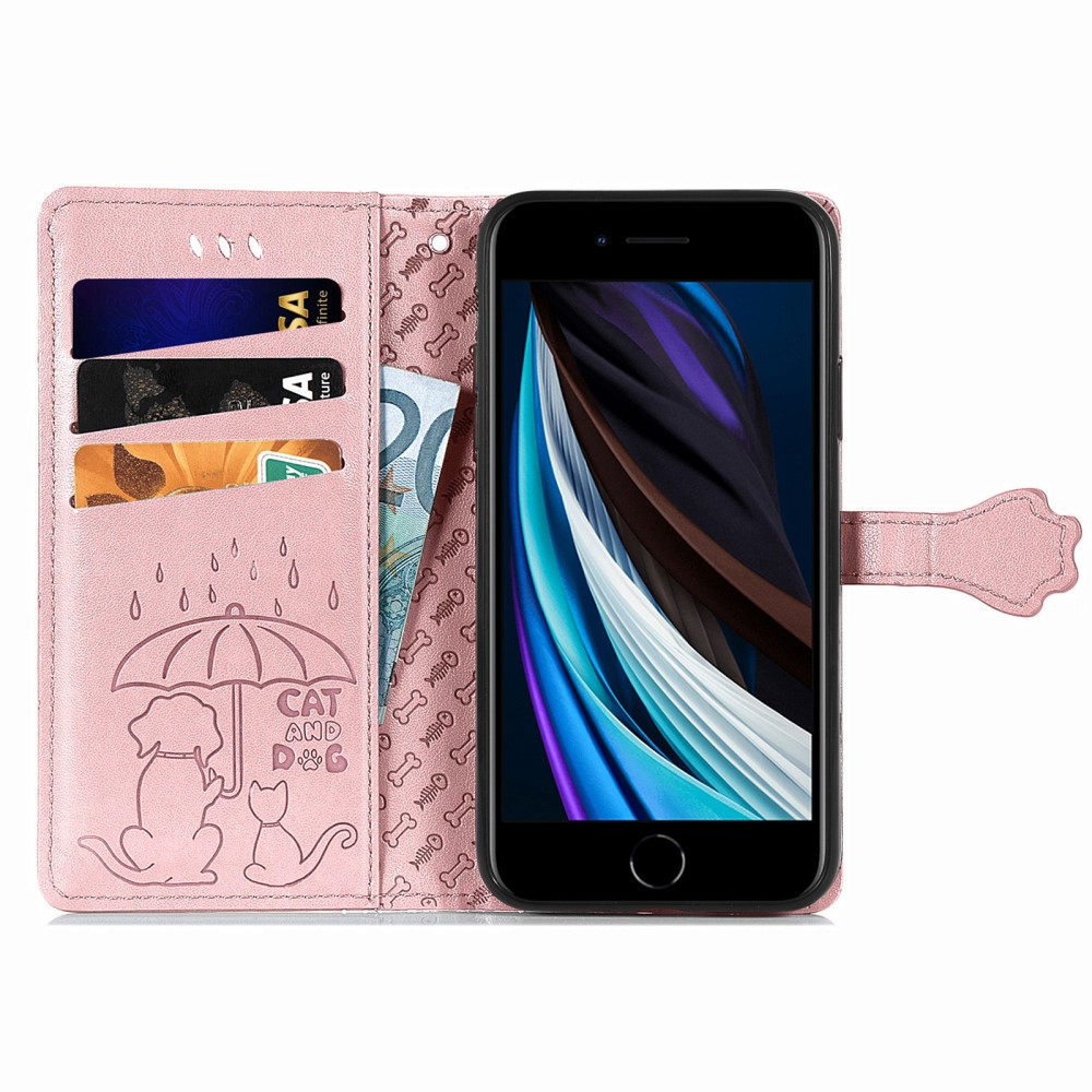 iPhone SE (2022/2020) / 8 / 7 / 6S Leder Tasche Flip Cover Hunde & Katzen Imprint - Roségold
