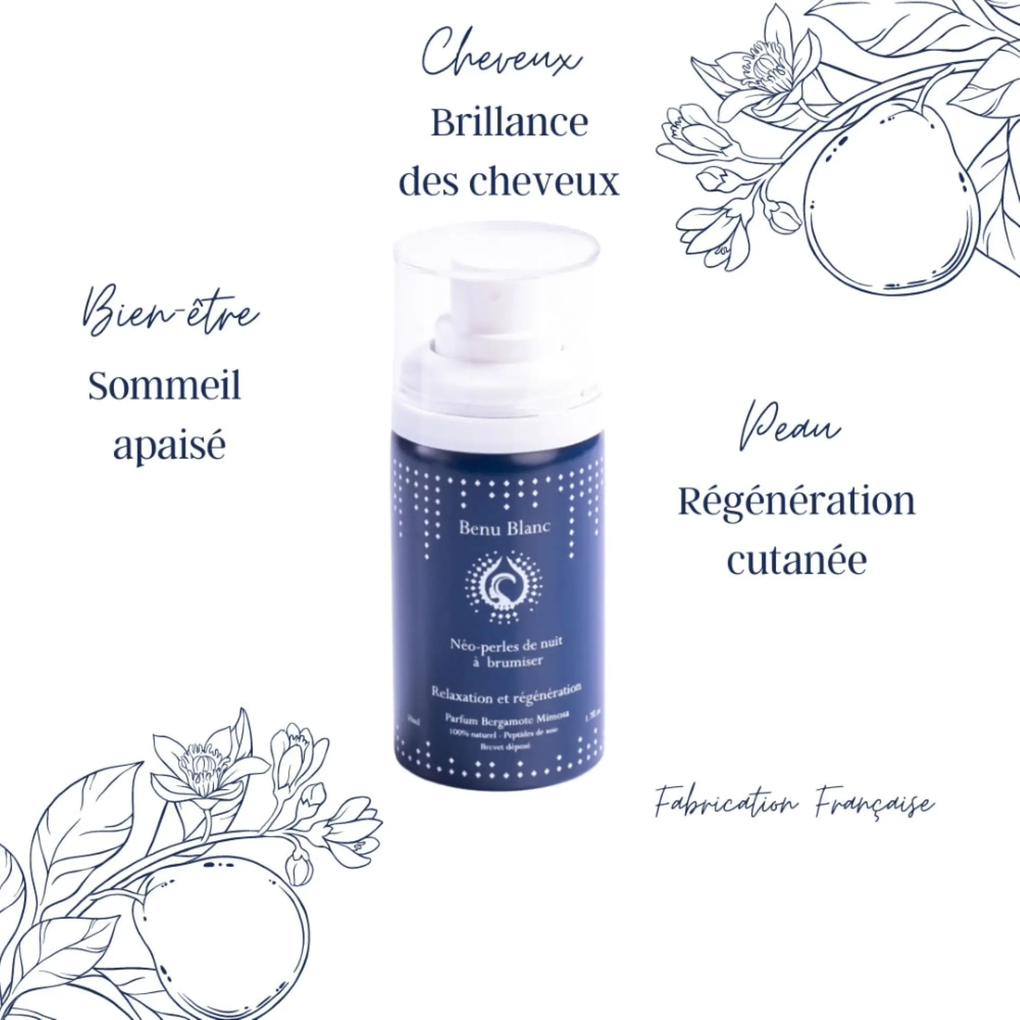 Benu Blanc - Nuit de Soie Brume d'oreiller beauté - Bergamote Régénérante- Brume parfumée