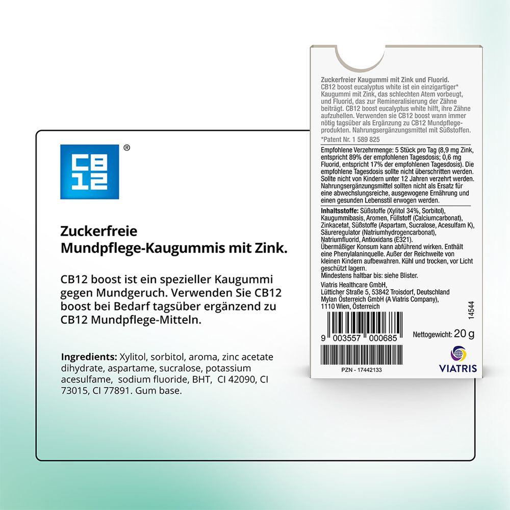 CB12 Boost Eucalyptus White Kaugummi: Zuckerfreie Mundpflege-Kaugummis gegen Mundgeruch mit Whitening-Effekt
