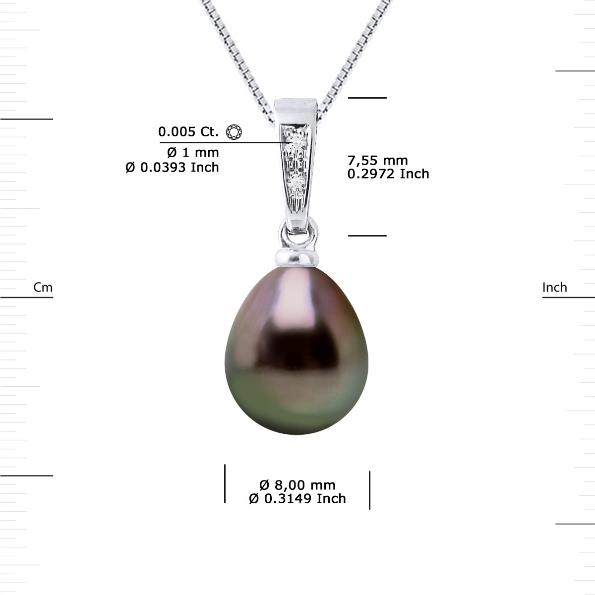 Pendentif Diamants 0,010 Cts Perle de Culture de TAHITI Poire 8-9 mm Or Blanc