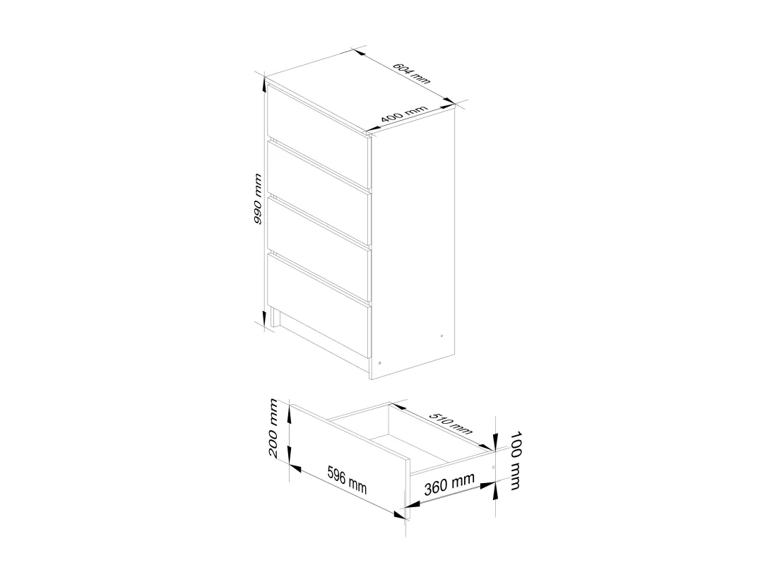 Commode AKORD K60 Chêne Artisan 60 cm 4 tiroirs façade Blanche 60x40x99 cm