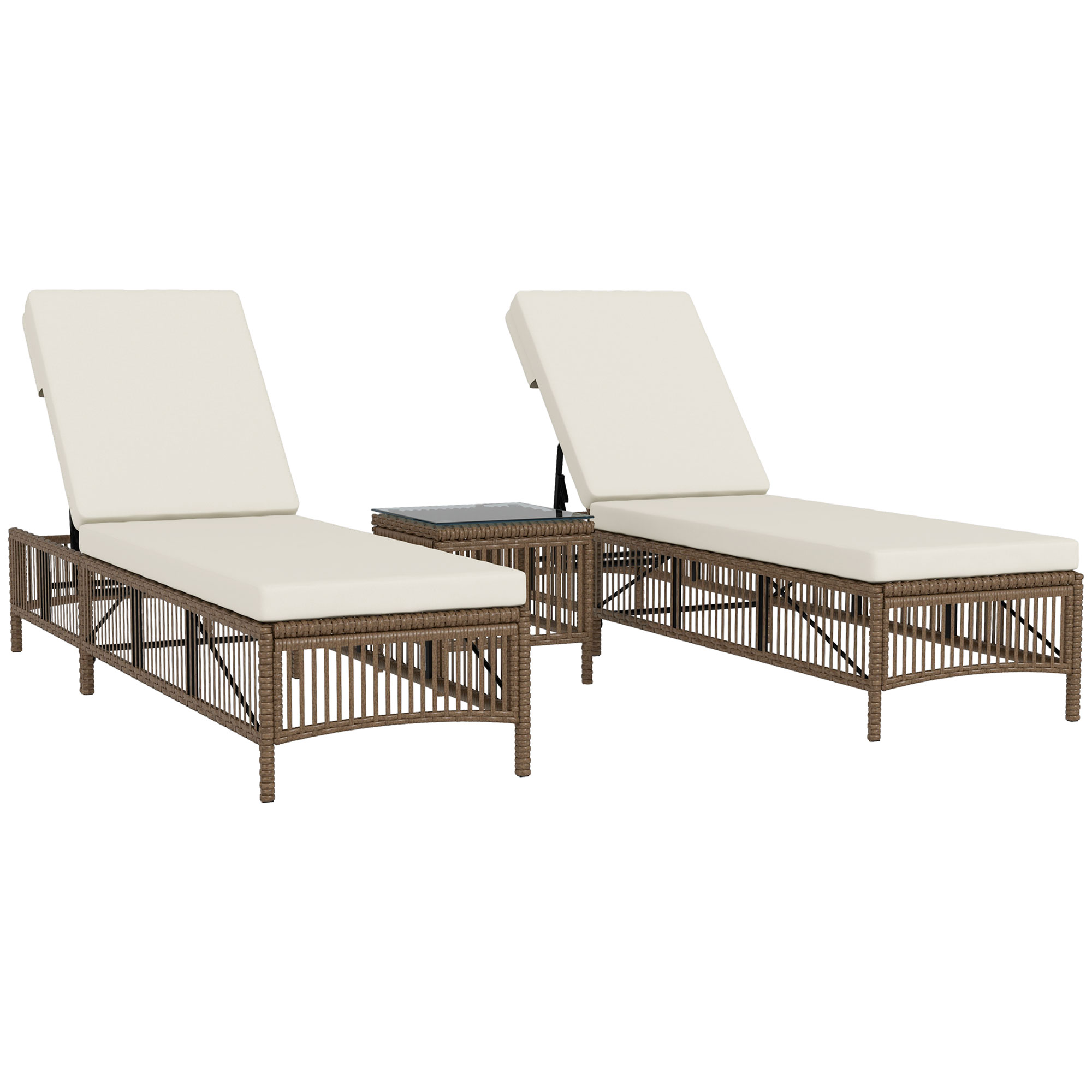 Conjunto Outsunny de 2 espreguiçadeiras de vime para jardim com mesa de centro, encosto ajustável em 5 níveis e almofadas, 196x54x32 cm, bege