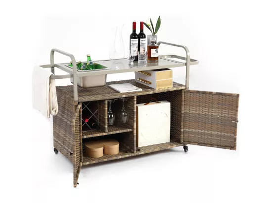 Desserte table de bar d'extérieur chariot de bar en osier avec armoire avec plateau en acier et un seau à glace roues verrouillables beige
