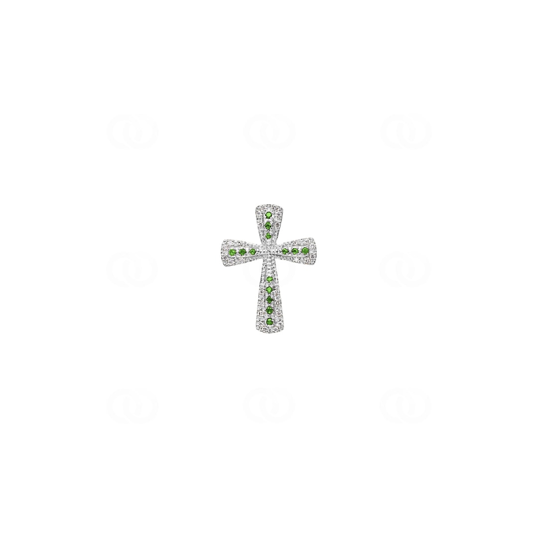 Kreuzanhänger 750/18 K Weissgold mit grünen Granaten & Diamanten 0.08 ct H/si