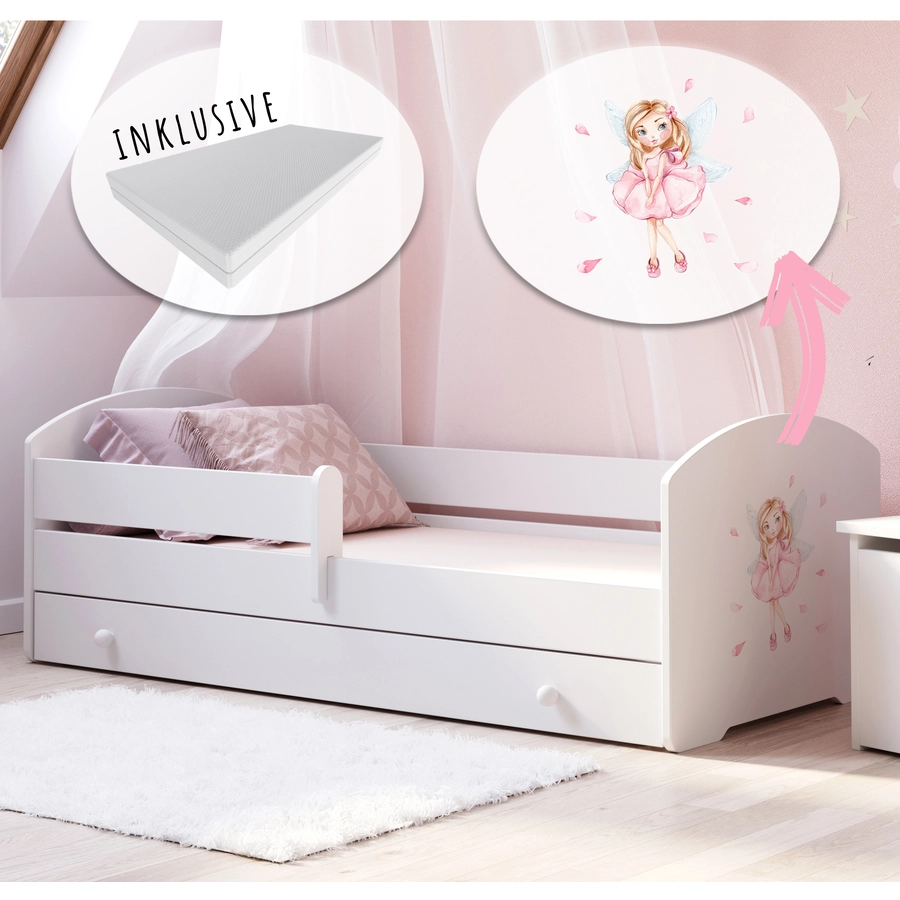 Kids Collective Kinderbett 140x70 cm mit Matratze und Schublade, Rausfallschutz & Lattenrost Prinzessinnen Motiv