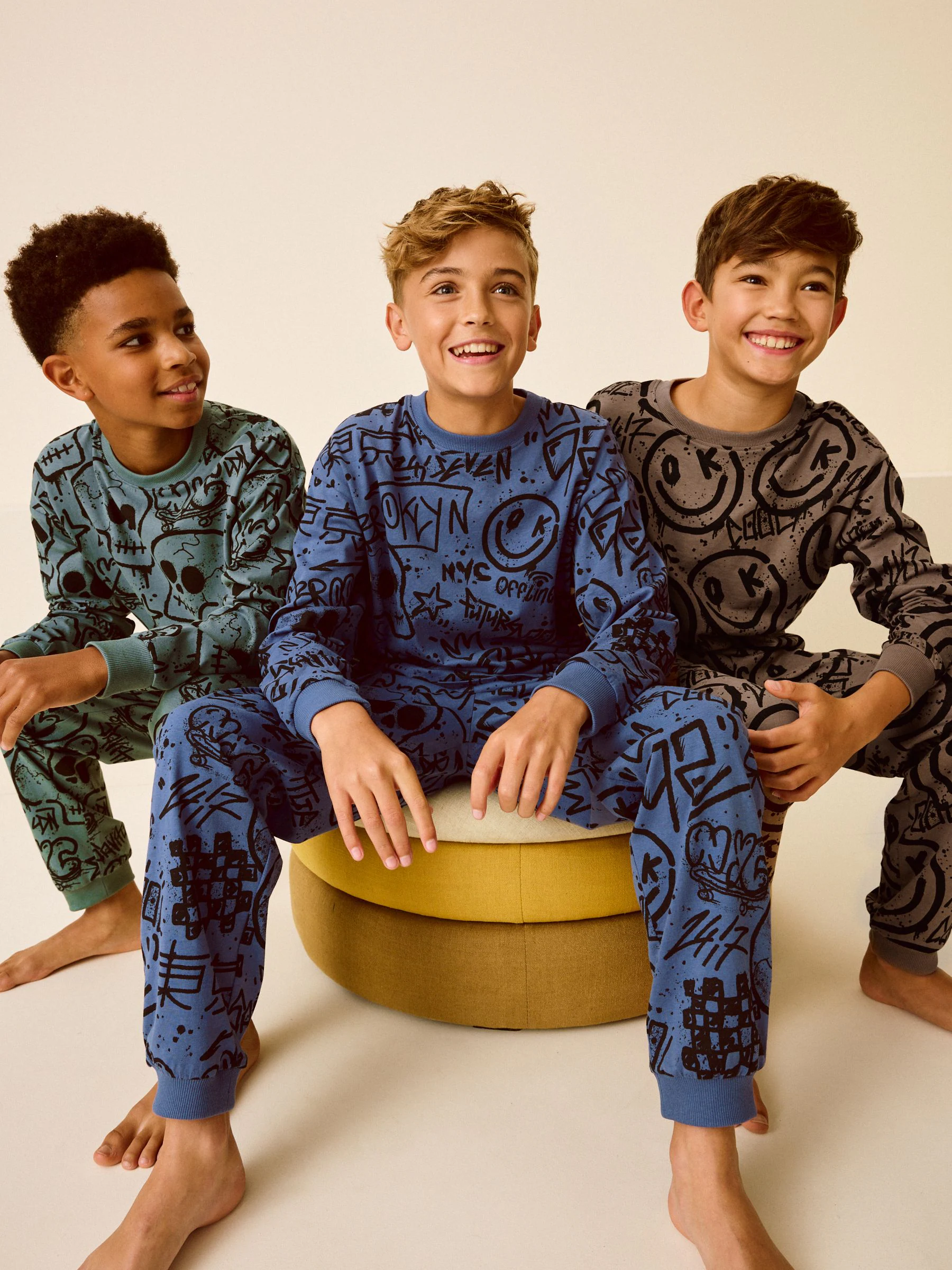 Blauw/Groen/Naturel personage - Verpakking van 3 pyjama's met lange mouwen (3-16 jr)
