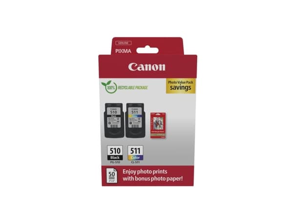Canon PG-510/CL-511 Photo Paper Value Pack - 2-pack - svart, farge (cyan, magenta, gul) - original - hengeboks - blekkpatron/papirsett - for PIXMA iP