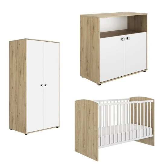 Trio Chambre Arthur : Lit + Commode + Armoire   Blanc/Chêne        de               Galipette