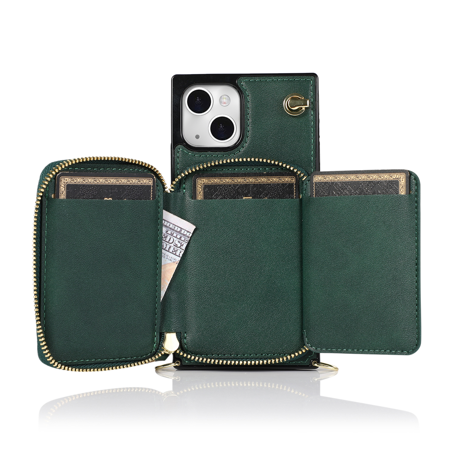 iPhone 13 Necklace Leder Schutz Hülle mit Kartenfächer   Handykette (140cm) - Grün