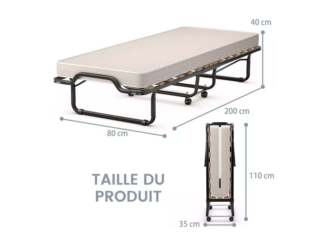 Lit Pliant 1 Personne Adulte 200x80CM (Fabriqué en Italie), avec Matelas en Mousse à Mémoire de Forme, Lit d’Apoint Pliable à 4 Roues et Sommier à 15 Lattes de Bois
