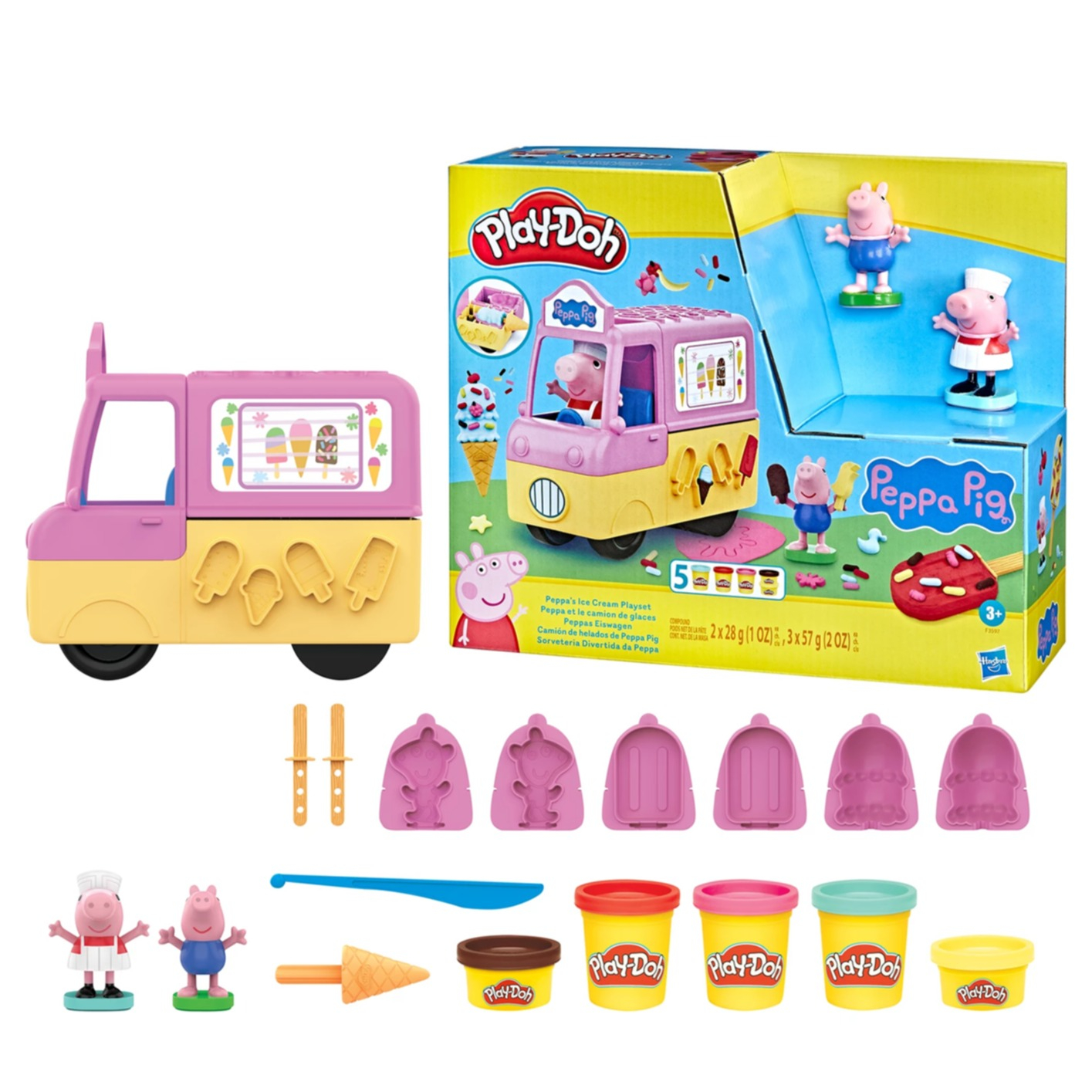 (18-tlg. Set) Peppa Pig Kinder Knete DIY Modellier Spielzeug inkl. Fahrzeug / Figuren (F35975L0) Lizenziert - Peppas Eiswagen
