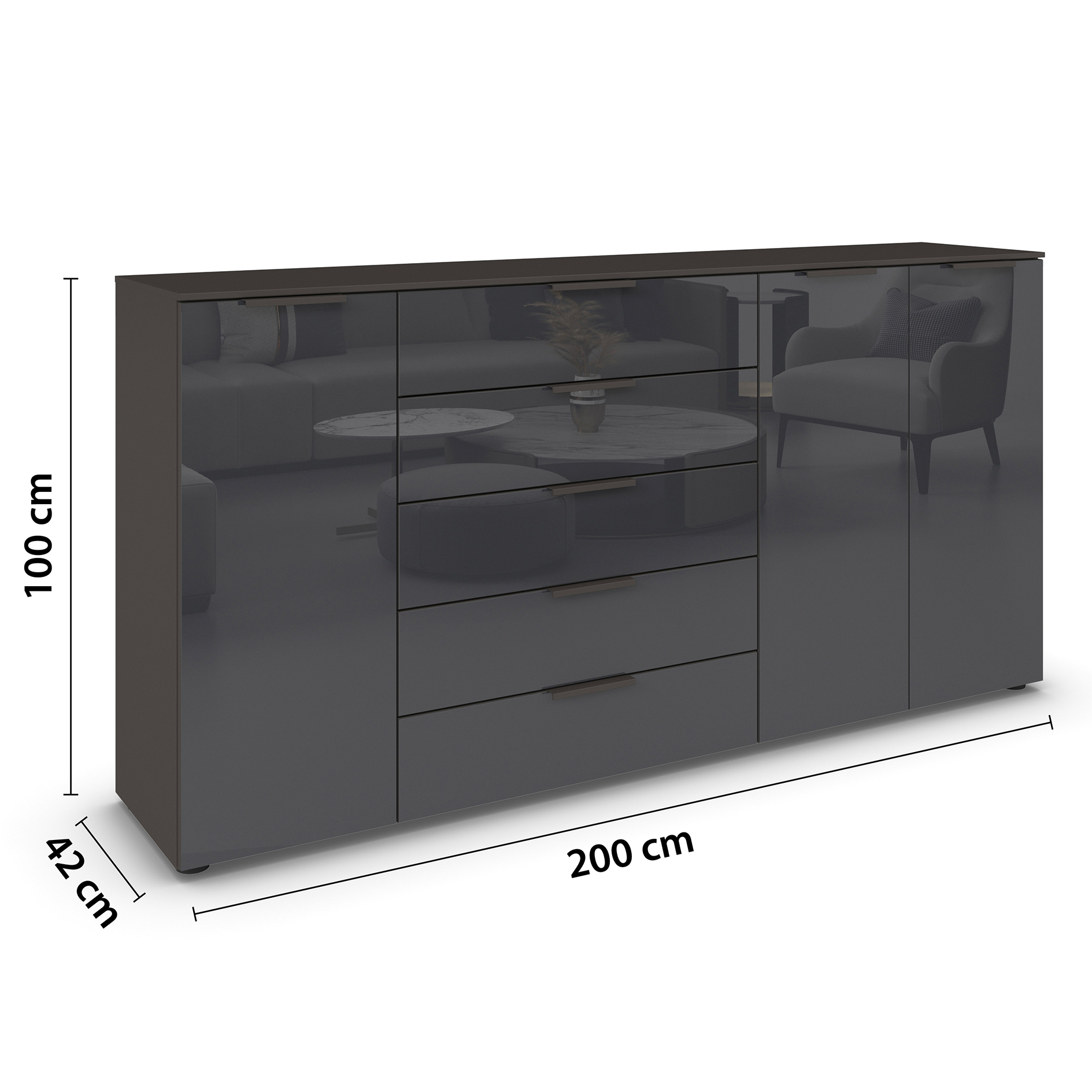 Kommode - graphit-Basaltglas - Graphitgriffe - 199 cm
