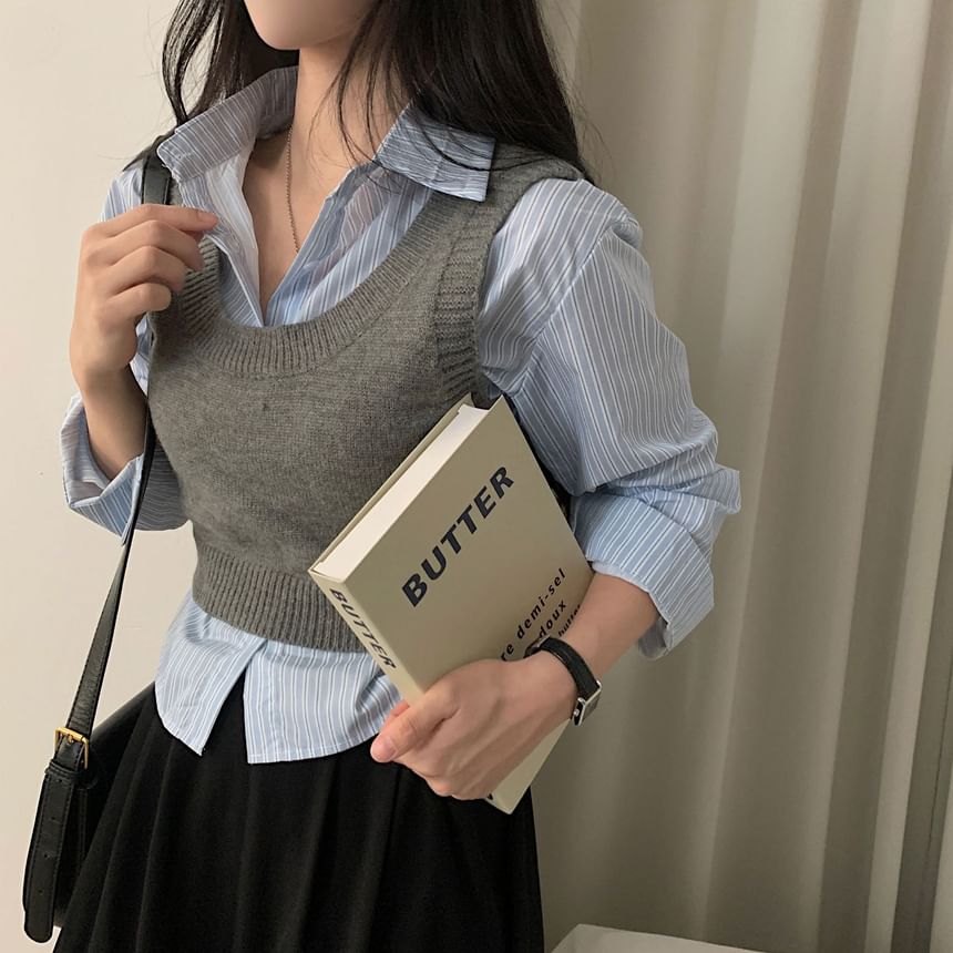 Maisee - Gestreept overhemd / Effen cropped trui-vest