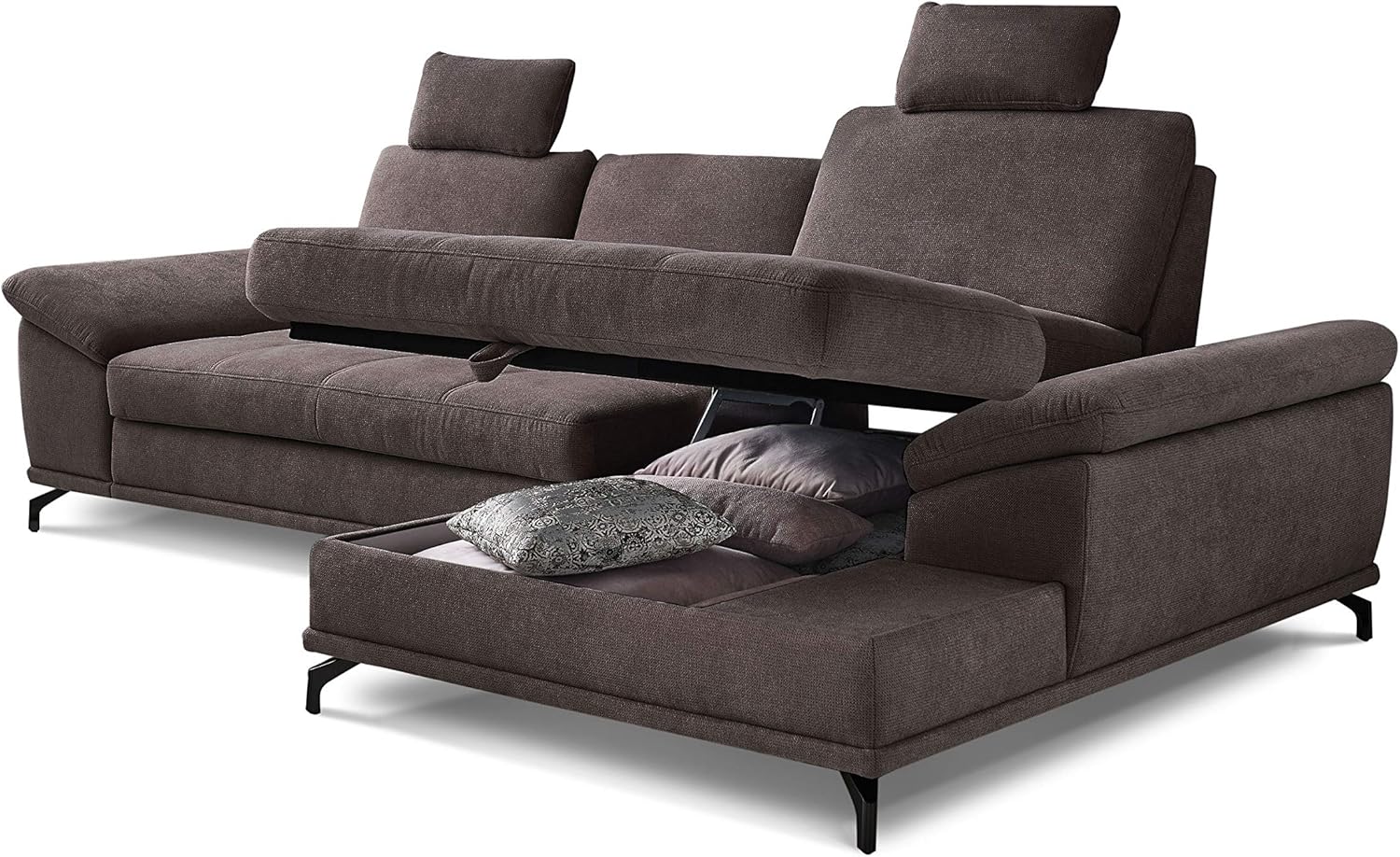Cavadore Schlafsofa Castiel mit Federkern / Großes Bettsofa in L-Form mit Bettkasten, Sitztiefenverstellung, Kopfstützen und XL-Longchair / 312 x 114 x 173 / Webstoff, Dunkelbraun