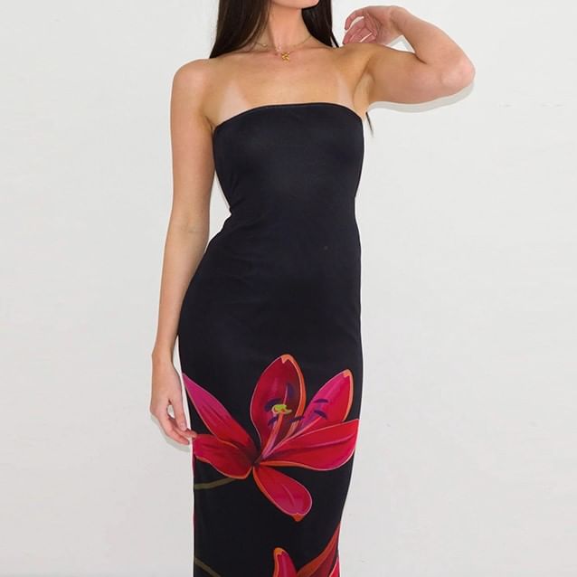 MOONGATE - Strapless maxi-jurk met bloemenprint en open rug
