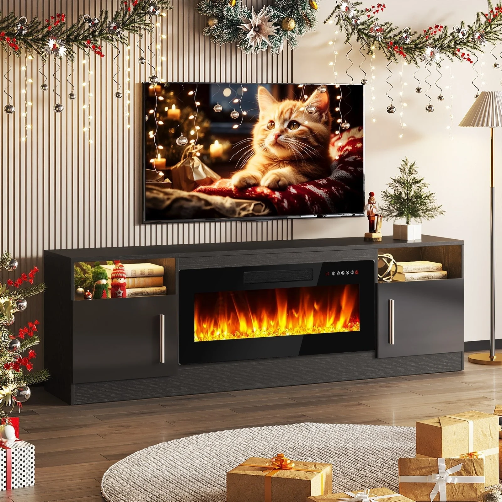 Bossin 70 Fireplace TV Stand with 36 Electric Fireplace, TV Stand for TVs Up to 80, 16 Colors LED Lights/Entertainment Center