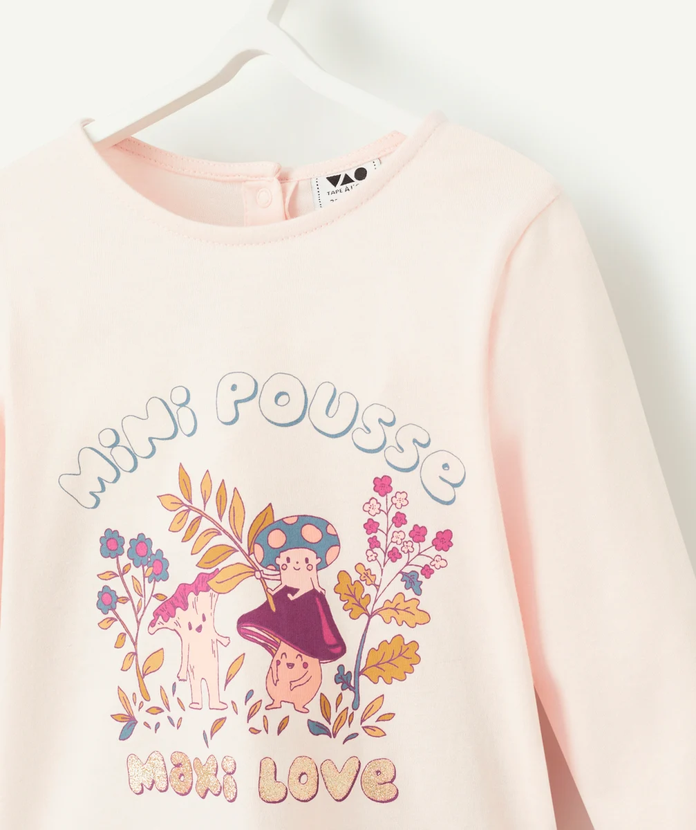 T-SHIRT BÉBÉ FILLE EN COTON BIOLOGIQUE ROSE THÈME CHAMPIGNON