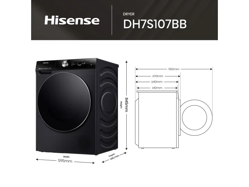 Hisense DH7S107BB, Fritstående, Front-læsning, Varmepumpe, Sort, Knapper, Dreje, Berøring, Højre