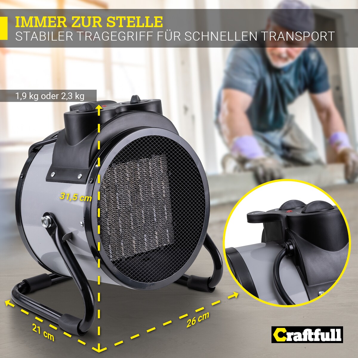 Craftfull Keramik-Heizlüfter HL1000, 2000/3000 Watt, Überhitzungsschutz, Thermostat, Tragegriff (3000 Watt)