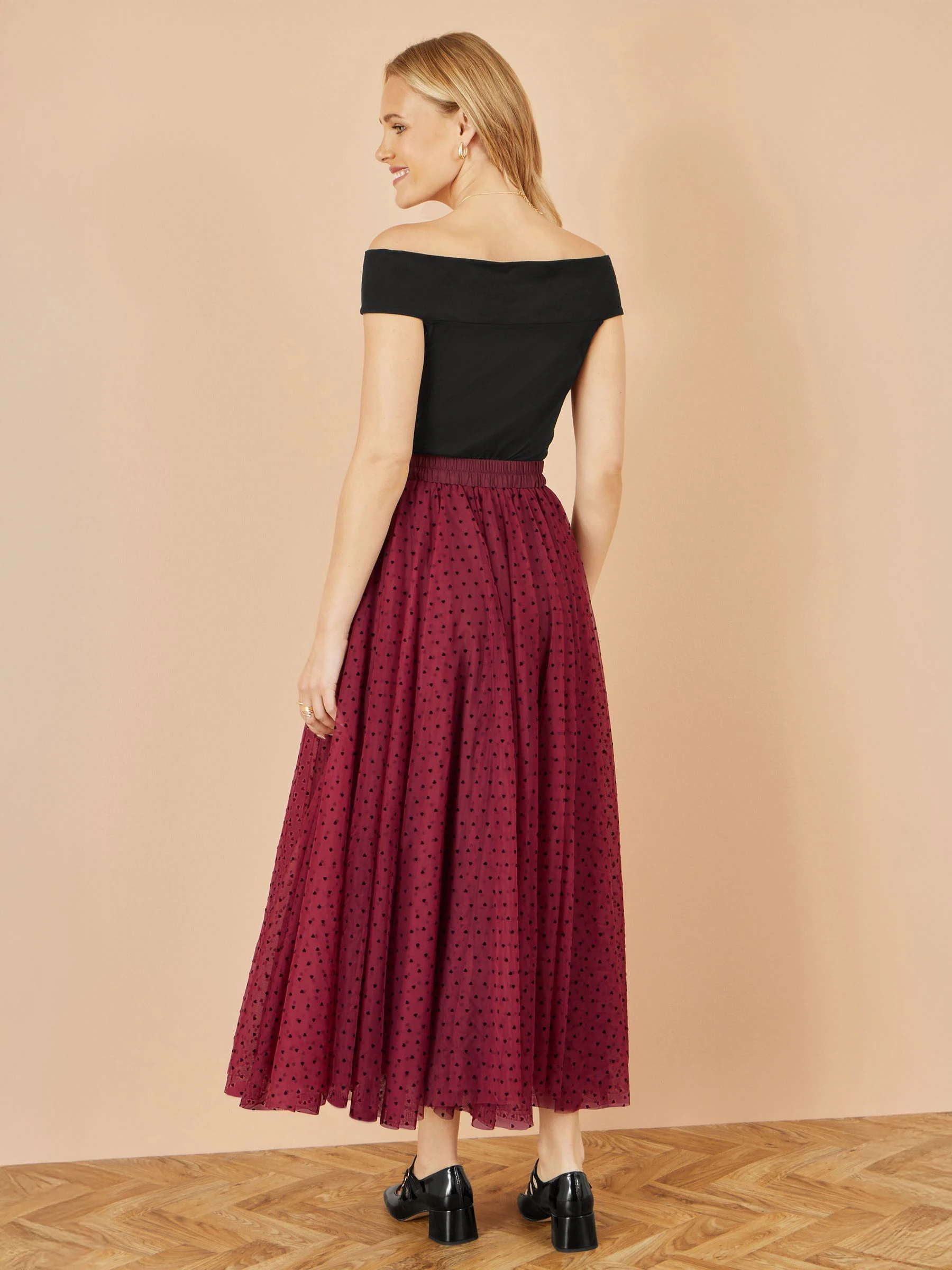 Rood - Yumi Mesh Heart Print Tulle Skirt