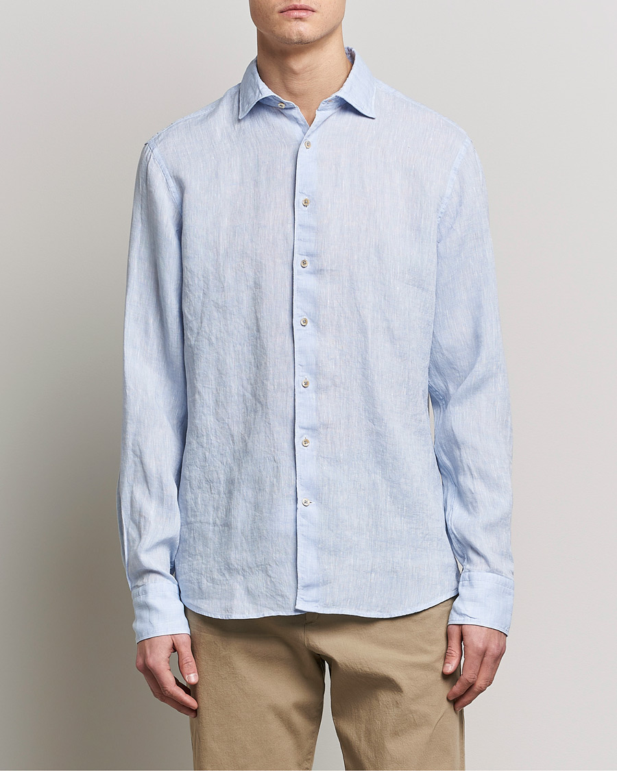 Stenströms Fitted Body Cut Away Linen Shirt Light Blue
